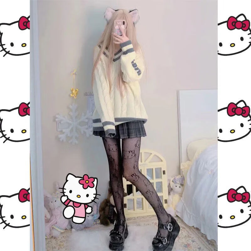 可爱日系凯蒂猫渔子jk黑色女薄款春秋款防勾丝打底凯蒂猫黑