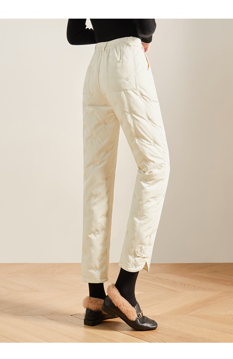 娅丽达米白色直筒羽绒裤女外穿鹅绒棉裤2021冬季新款加绒加厚裤子米色