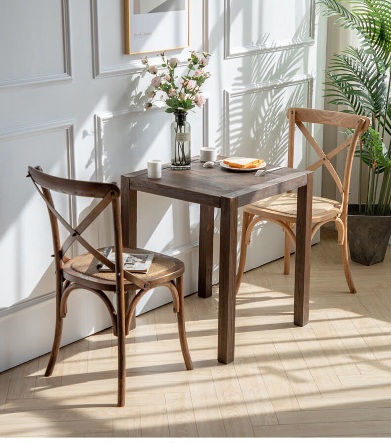 婧晟实木榆木小方桌原木餐桌现代简约正方形休闲咖啡桌椅组合家用吃饭