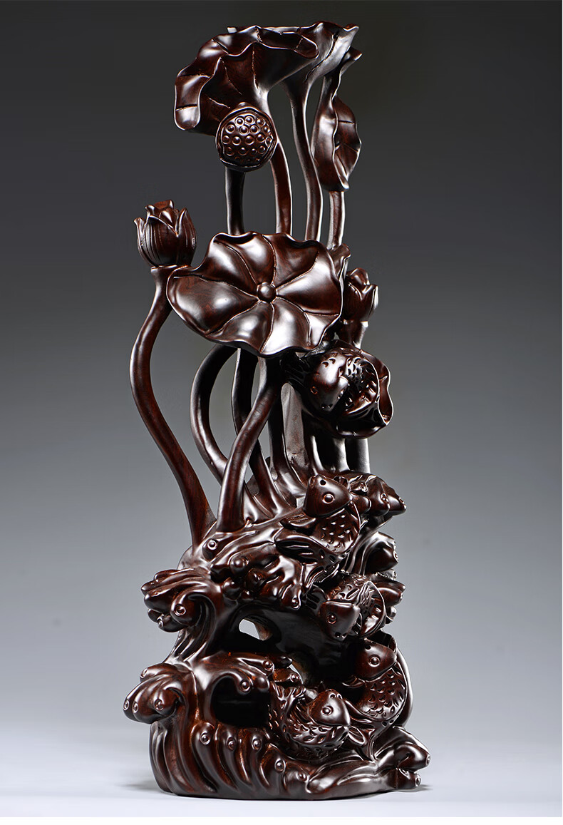 爵印(jueyin)轻奢品牌木年年有鱼根雕荷花雕刻摆件红木家居装饰工艺品