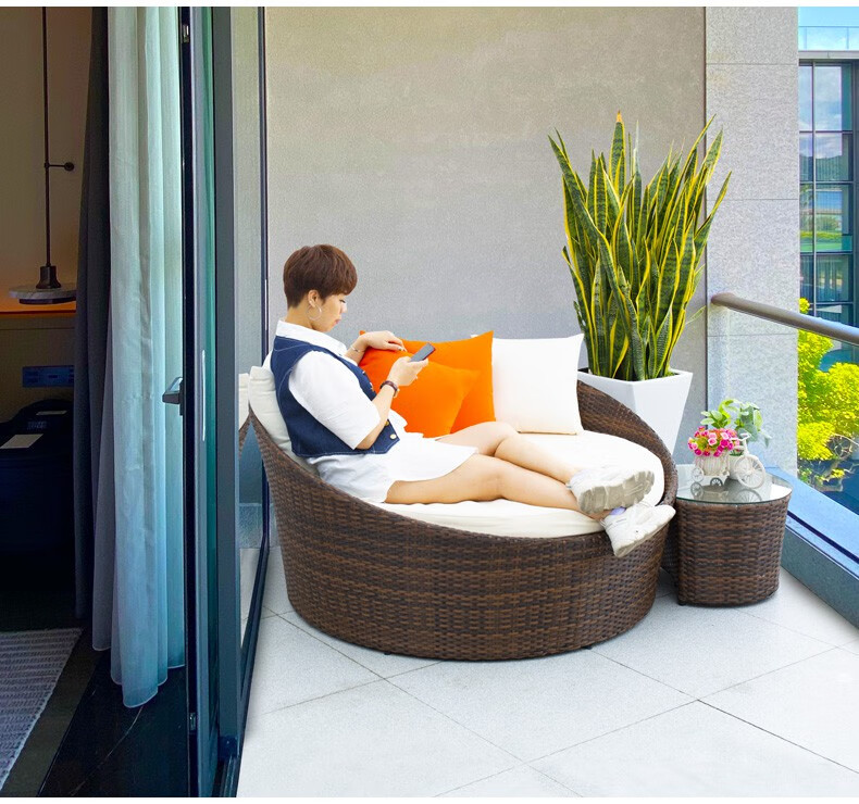 鑫事顺圆床北欧户外躺床别墅露台藤编半圆床客厅卧室阳台圆形沙发床