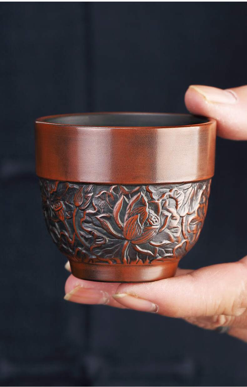 建水紫陶手工浮雕主人杯家用陶瓷品茗杯功夫茶杯大号紫砂茶盏 紫陶