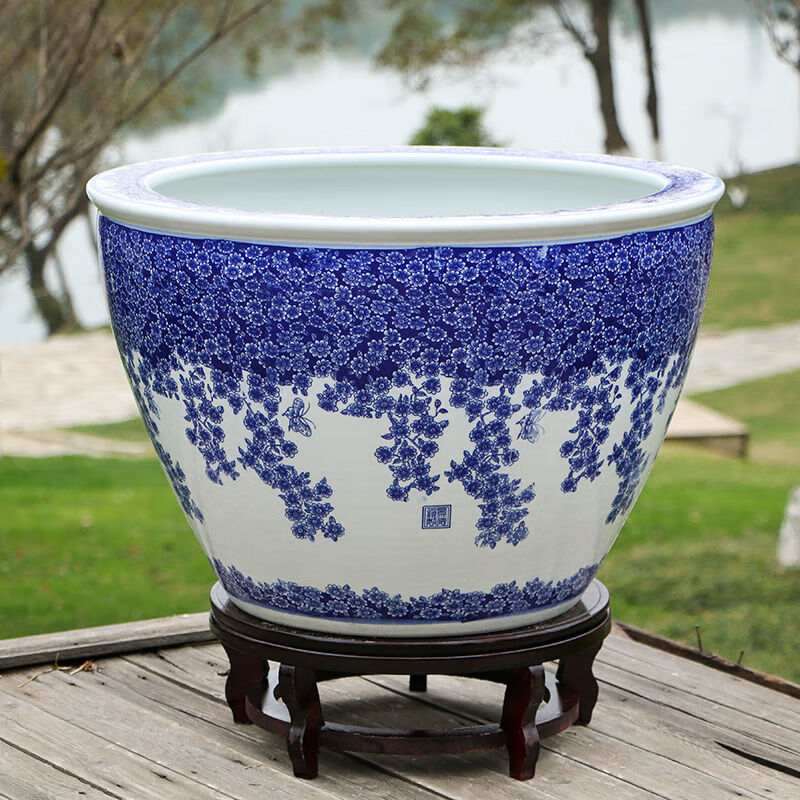 景德镇陶瓷器鱼缸养金鱼大缸乌龟盆水培植物睡莲碗莲水缸 万雪千山