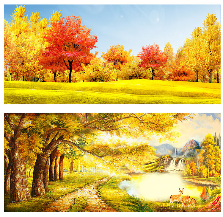 梦黛侠黄金满地风景墙画客厅沙发卧室床头挂画横版麋鹿墙画布画粘贴画