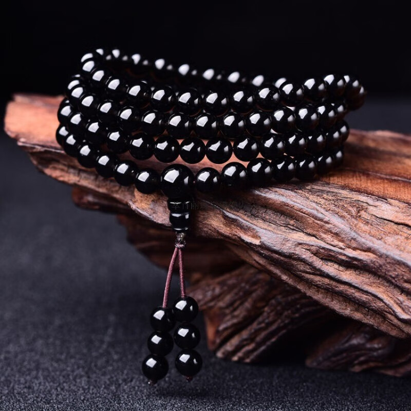 萃百丽cbli纯黑乌金黑曜石手链108颗佛珠手串男士女款天然水晶念珠多