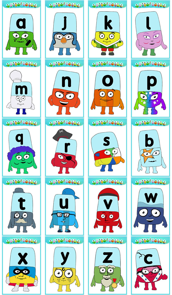 字母积木alphablocks动画游戏教具海报26英文卡片自然拼读phonics26张