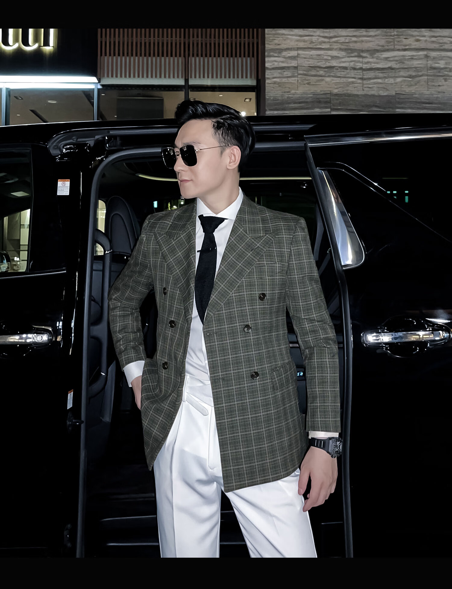 【daio ethan】英伦绅士平驳领双排扣格纹西服型男气质格纹小西装 墨