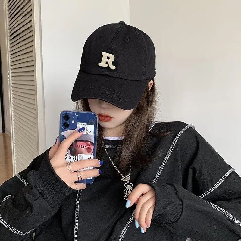 烨白 大头帽子大头围加宽帽檐r字潮日系情侣鸭舌帽大头加深做旧韩版