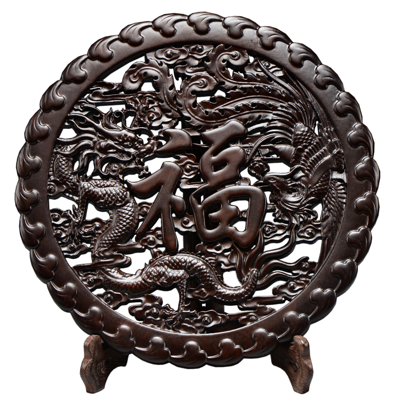 卡洛乐木雕福字摆件中式客厅电视柜实木圆形福字家居装饰工艺品送礼木