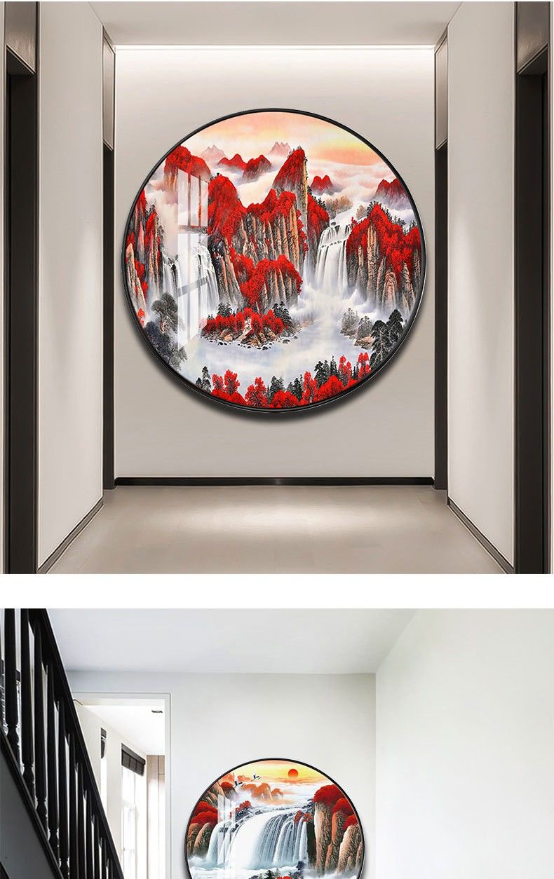 米囹鸿运当头中式圆形晶瓷画客厅玄关装饰画山水靠山壁画过道走廊挂画