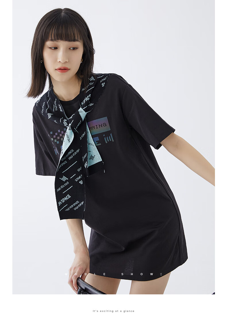 水云间女装连衣裙2022夏季新款短袖设计感潮流宽松休闲t恤裙女 黑色 m