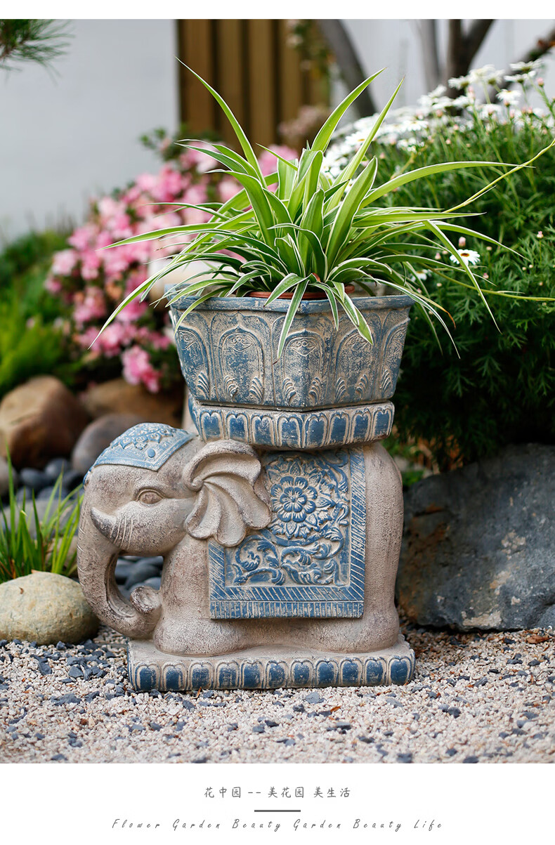 新中式庭院子大象石墩花盆入户花园民宿顶楼阳台装饰布置户外摆件