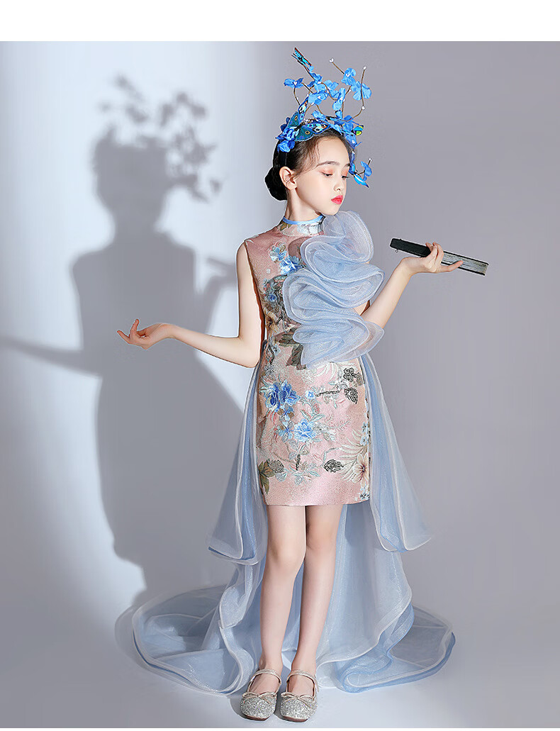 因乐图国潮女童走秀礼服夸张中国风儿童模特台时装演出服霸气潮服拖尾