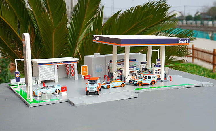 海湾石油加油站模型儿童玩具164场景套装加油站gulf越野车皮卡赛车