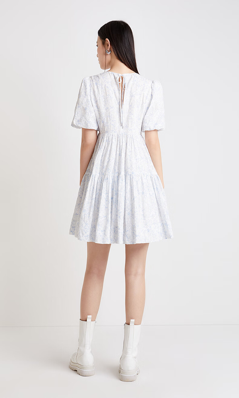 ochirly欧时力2022新款春夏圆领印花泡泡袖娃娃裙a字连衣裙小个子蓝色