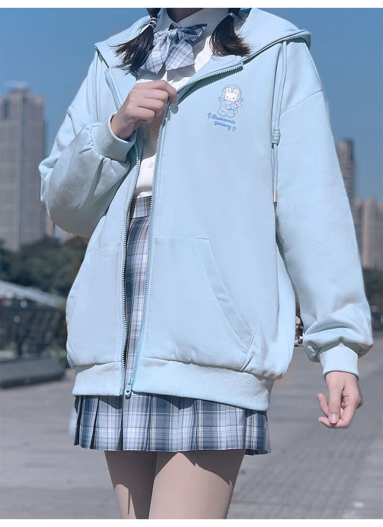 女大童小学生春季服装港风少女开衫休闲2008兔宇航员蓝色加绒款小香风