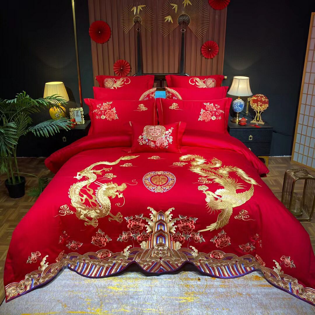 婚庆四件套刺绣全棉结婚贡缎大红色婚礼嫁婚喜床上用品贡缎六八俏佳人