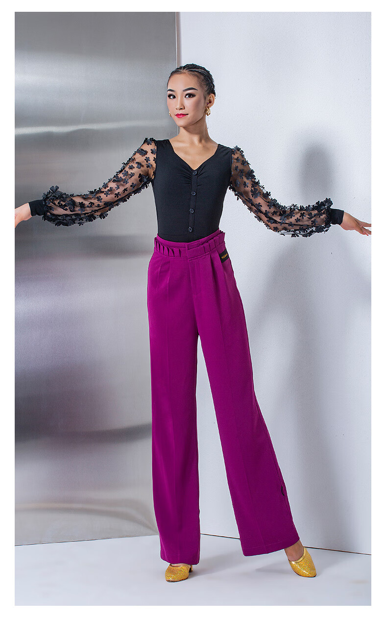 丹宝罗wjjdance摩登舞裤子女百褶腰高腰拉丁交谊国标长裤练功服玫紫色