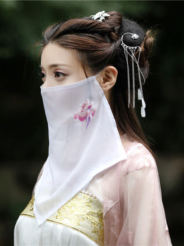 君吻 面纱古风新款古风绣花面纱古装汉服古代仙女超仙飘逸刺绣遮脸珠