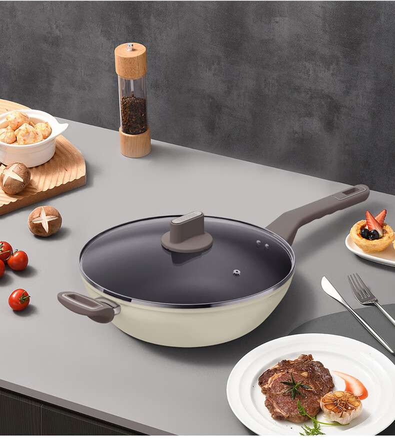 膳魔师thermos膳魔师不粘锅炒锅家用炒菜锅煤气灶通用配锅盖kf马卡龙