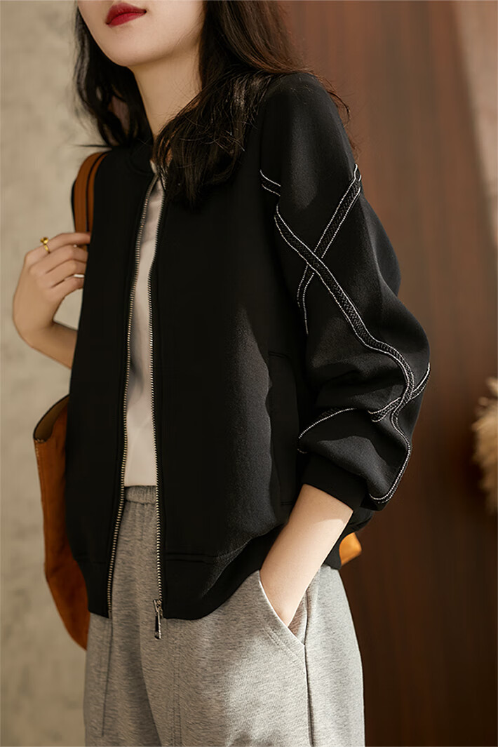莎芡黑色棒球服女秋冬2021新款宽松短外套女时尚拉链夹克上衣黑色l111