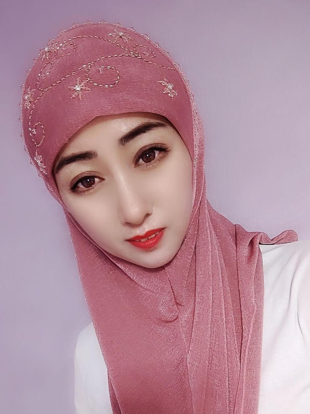 希尔库班回族帽子回族妈妈秋冬手工串珠子盖头西瓜粉