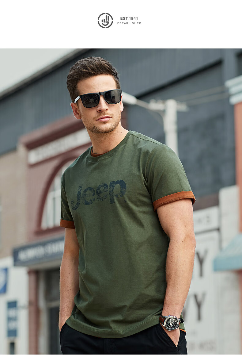 官方旗舰jeep吉普户外短袖t恤男纯棉圆领运动体恤衫宽松短袖衣服纯黑