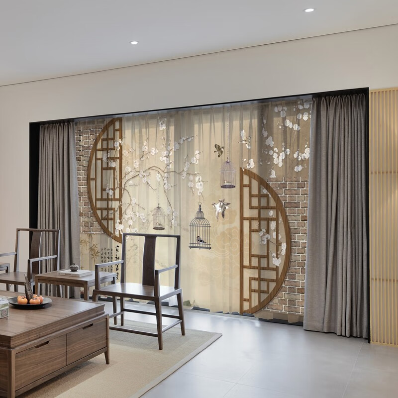 创森小米定制新中式水墨窗帘中国风透光不透人纱客厅阳台复古隔断装饰