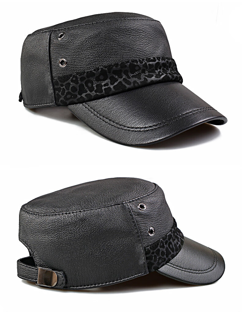 mornymoss品牌真皮平顶帽男韩版时尚休闲中老年羊皮鸭舌帽男光皮黑色