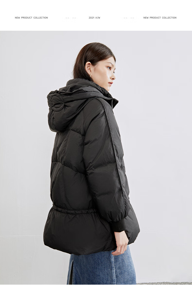 艾莱依女士羽绒服冬季新款2021设计感时尚连帽白鸭绒外套潮款炭黑1608