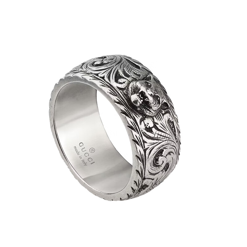 gucci古驰22春夏新款纯银复古深色涂层蔓藤花纹虎头窄边戒指银色8号