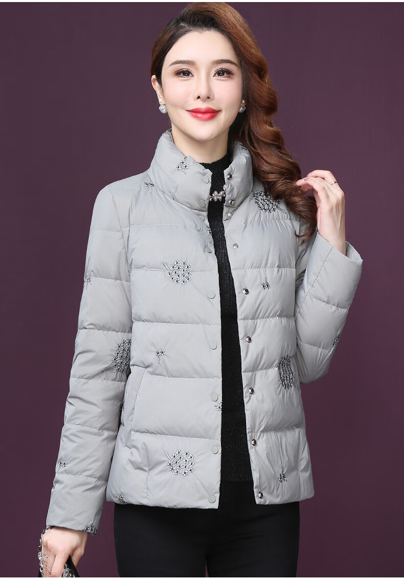 王小鸭短款羽绒服女冬装新款复古刺绣保暖白鹅绒加厚妈妈外套豆绿4xl