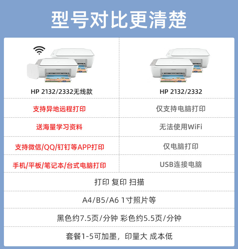 hp惠普2132彩色家用小型打印机复印一体机学生用手机无线连接wifi喷墨