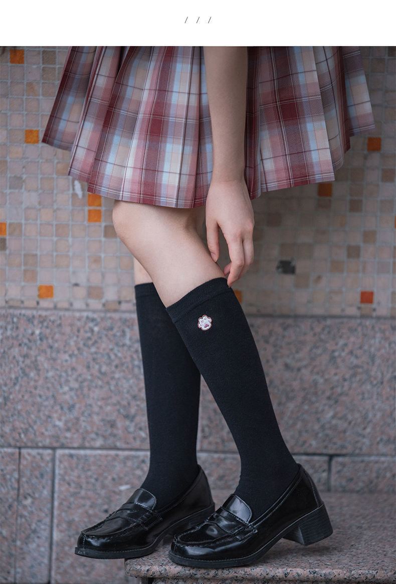 女士jk中筒袜猫爪刺绣半腿袜基础款制服袜日系可爱白色小腿袜黑学生袜