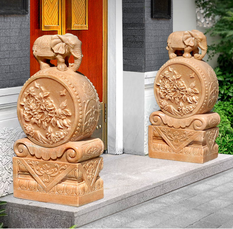 石雕门墩晚霞红大象石鼓别墅庭院门口仿古抱鼓石石头动物摆件太平有象