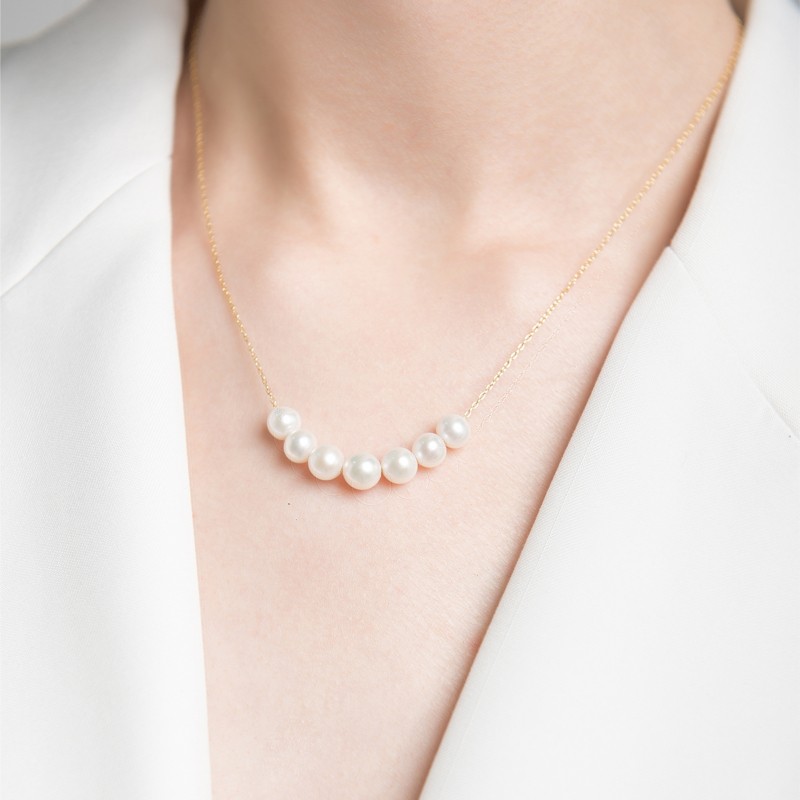 hl哈维拉文项链珍爱系列女9k金7粒淡水珍珠项链微笑锁骨项链金色9k金