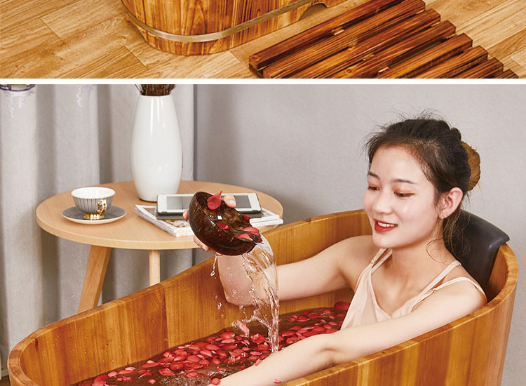 木桶浴桶家用木浴泡澡桶小户型实木洗澡桶泡沐浴的 胡桃色80cm 蛋型