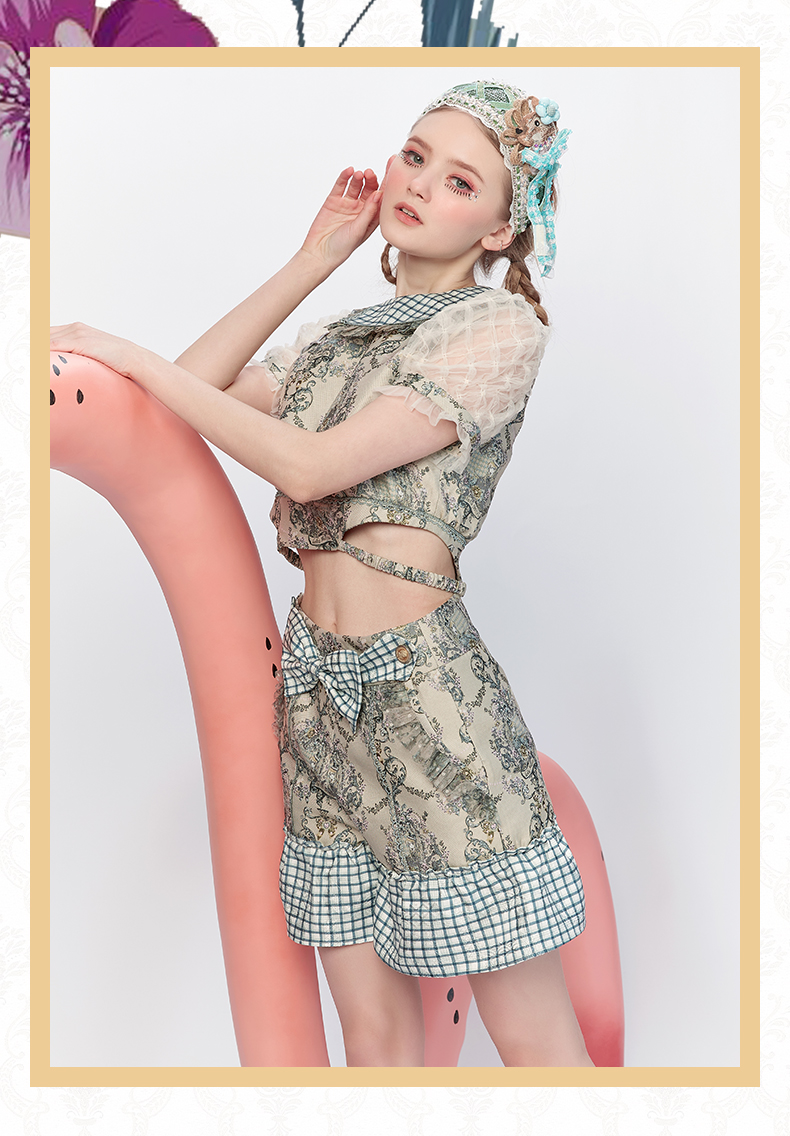 lulusmile2021春季新款法式复古格纹蝴蝶结荷叶边显瘦