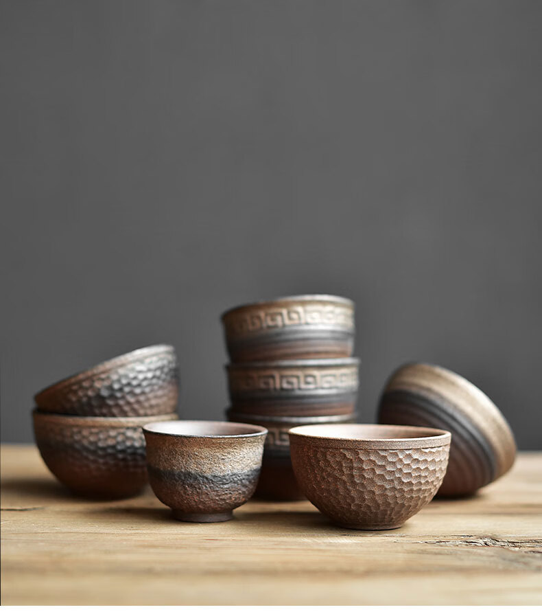 陶迷鎏金粗陶茶杯陶瓷单杯仿古中式陶土大号功夫茶具无釉主人杯子 无