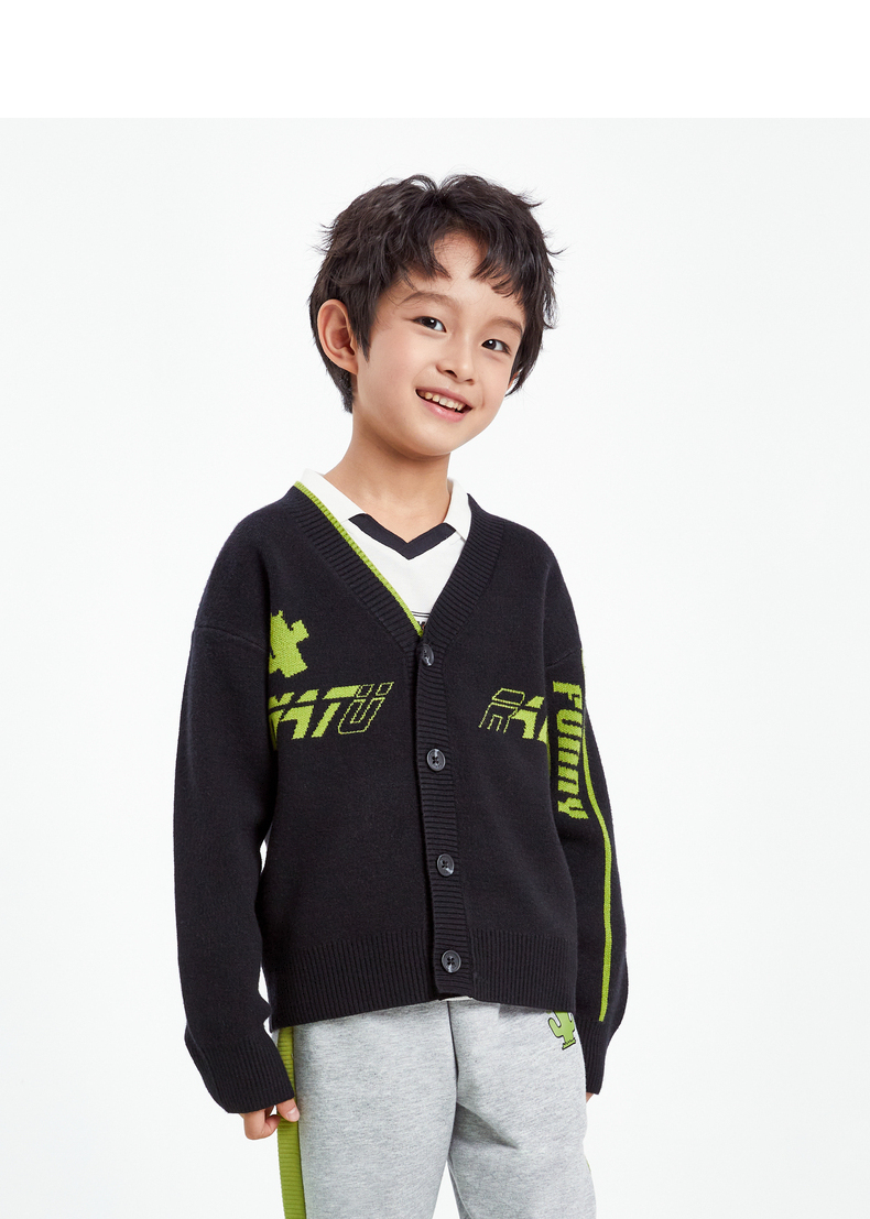 安奈儿男大童装v领针织开衫2022春新款清新趣味百搭时髦洋气外套黑色