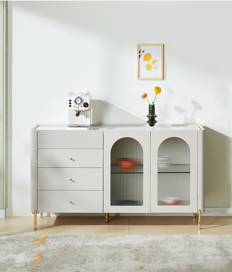 全友家私餐边柜轻奢石纹岩备餐柜客厅储物柜餐厅茶水柜玻璃柜门大容量