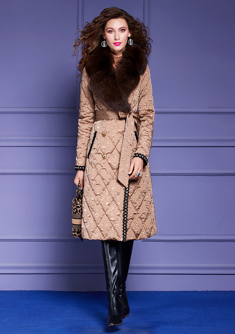 菲梦伊羽绒服女中长款冬季时尚加厚大狐狸毛领收腰白鸭绒外套女装