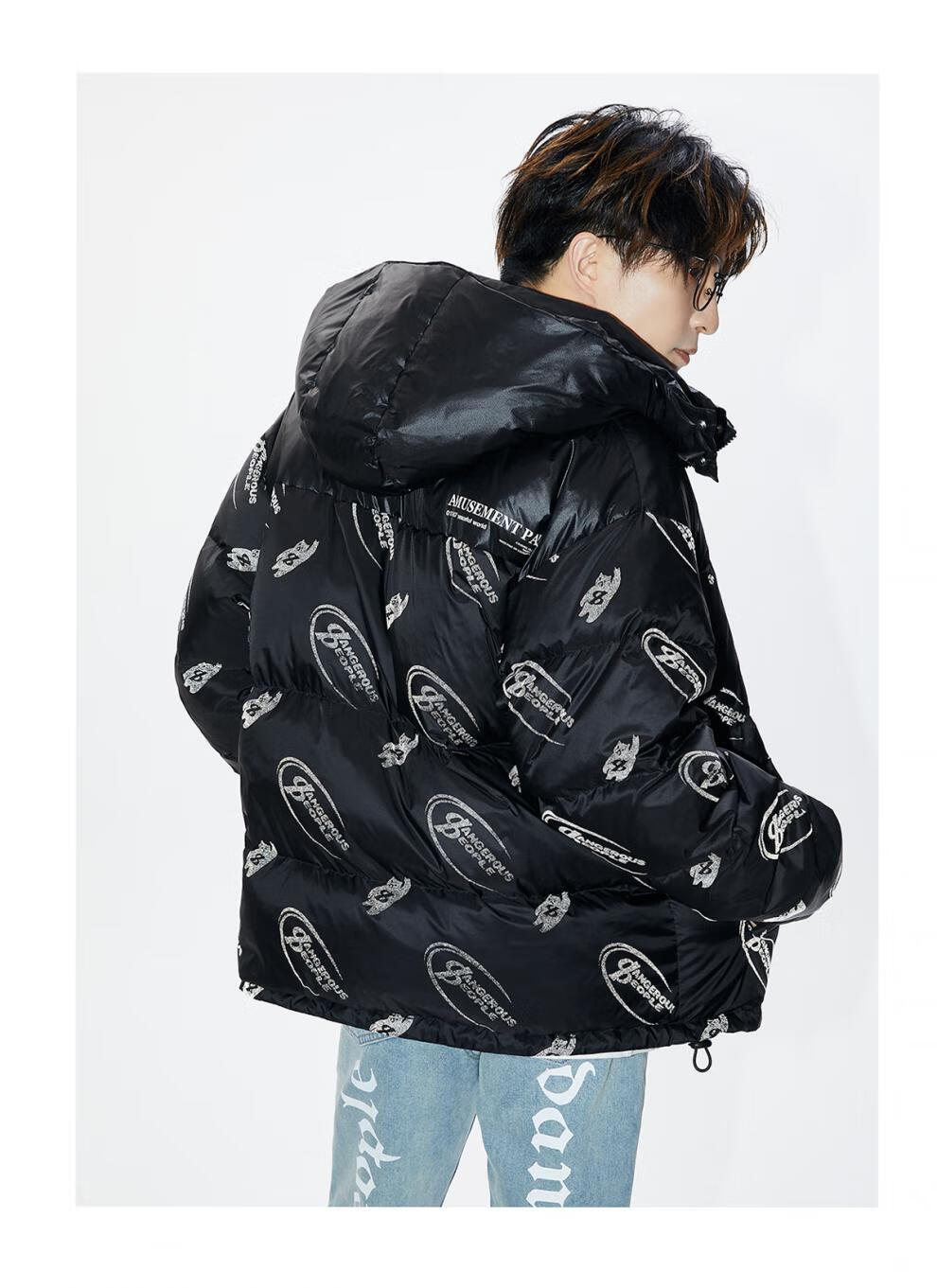 dangerouspeople薛之谦dsp反光羽绒服满印字母潮男女秋冬保暖外套黑色
