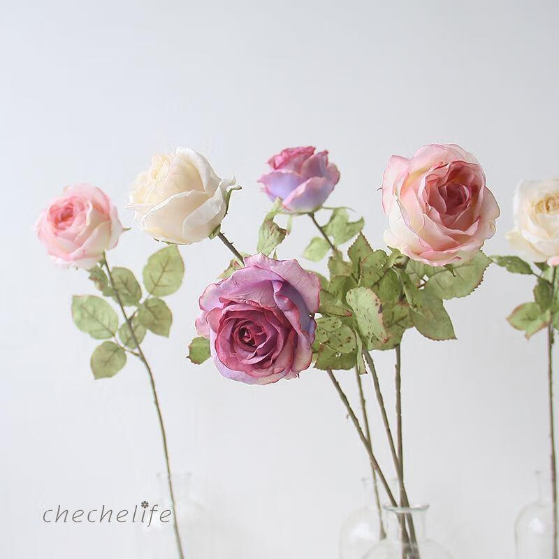 法式复古浪漫焦边玫瑰仿真花花瓶桌面摆设ins风拍照小道具装饰浅香槟