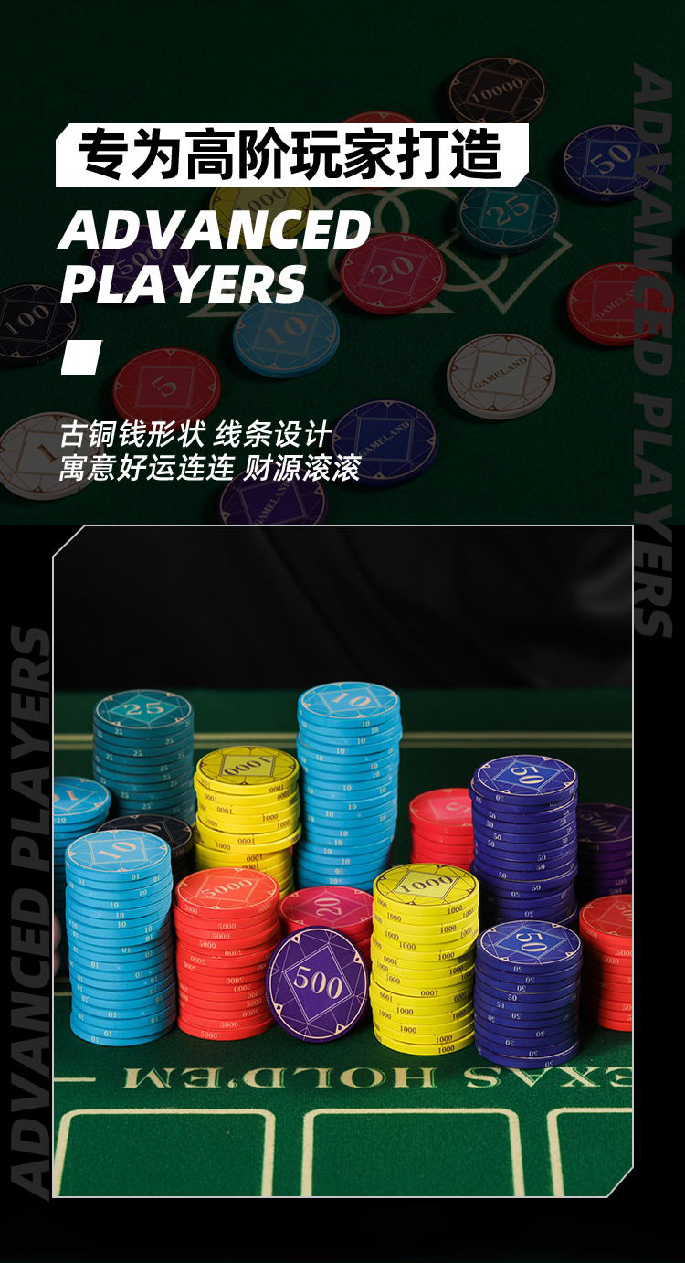 游戏大陆gameland孔方兄德州扑克陶瓷筹码圆片有面值无面额棋牌德扑