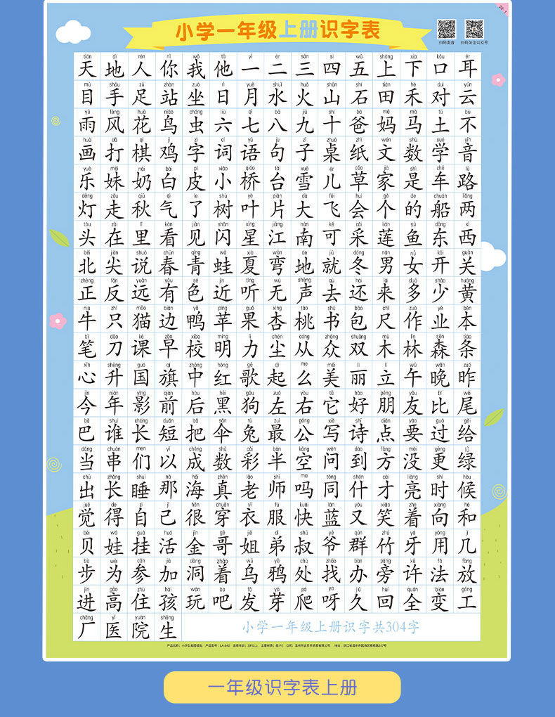 一年级语文上册生字表识字挂图墙贴课本识字表写字表同步生字词 上