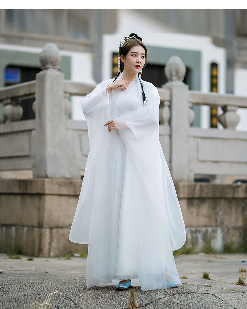 弹古筝的古装衣服白色改良汉服女仙女演出服飘逸超仙气广袖流仙裙全套