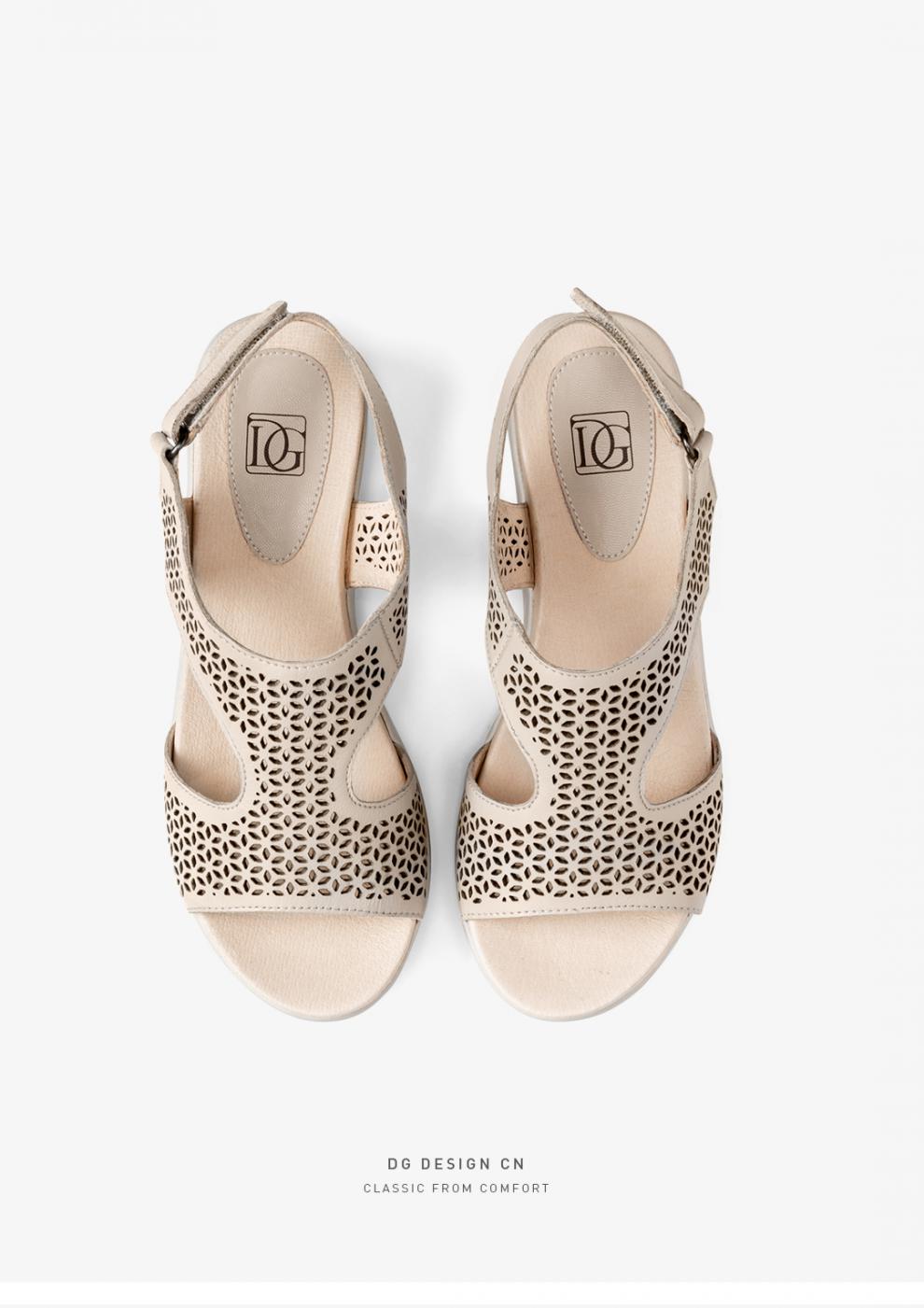 dg厚底凉鞋女夏季新款羊皮魔术贴松糕罗马镂空凉鞋坡跟女鞋土黄34