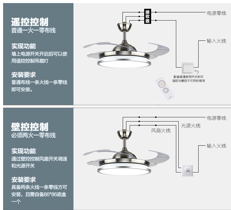 寸隱形扇吊扇燈安全家用變頻風扇燈包安裝c3620變頻金色36寸帶遙控款