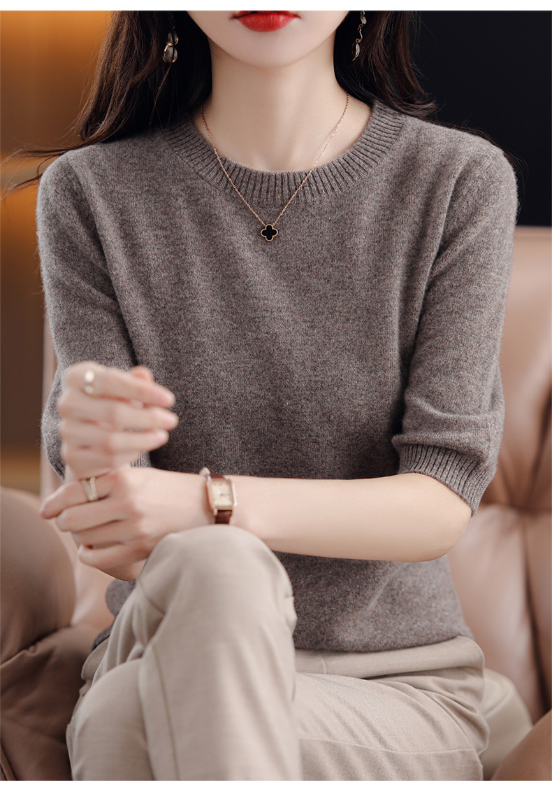 璟味针织半袖女2022春秋新款圆领短袖毛衣女五分袖半袖针织衫宽松低领